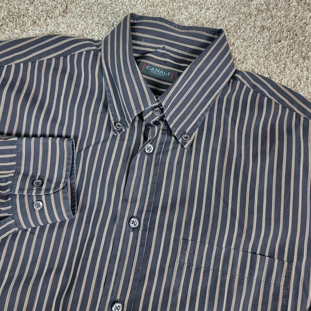 Canali Sportswear Mens Large Black Striped‎ Button Down Long Sleeve